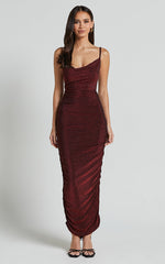 Roma Midi Dress - Ruched Cowl Neck Dress in Berry