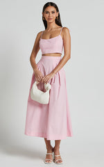 Rosalee Two Piece Top and Skirt Set - Strappy Crop Top and High Waisted A Line Midi Skirt Set in Pink