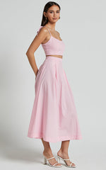 Rosalee Two Piece Top and Skirt Set - Strappy Crop Top and High Waisted A Line Midi Skirt Set in Pink