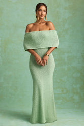 Bouclé Off-Shoulder Maxi Dress in Mint