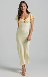Emberlynn Midi Dress - Flutter Sleeve Cut Out Satin Dress in Butter Yellow