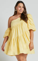 Harleen Mini Dress - Linen Asymmetrical Trim Puff Sleeve Dress in Lemon