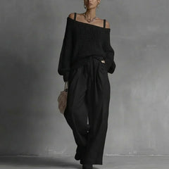 Women's Off-Shoulder Wide-Leg Two-Piece Set | Elegant Textured Trouser Co-Ord