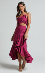 Destiny Two Piece Set - Knot Detail Crop Top and Ruffle Maxi Skirt Set in Plum