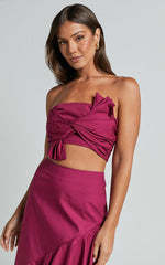Destiny Two Piece Set - Knot Detail Crop Top and Ruffle Maxi Skirt Set in Plum
