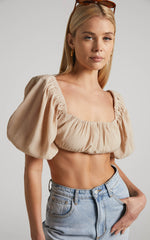 Dhalia Top - Ruched Puff Sleeve Crop Top in Sand