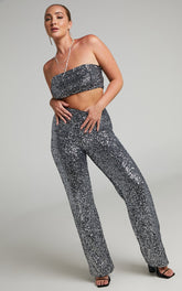 Imogen Two Piece Set - Bandeau Top and Straight Pants Set in Gunmetal