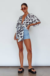 Rivera Deep-V Waist-Tie Top Leaves Black