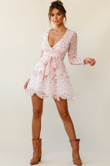 Greta Tiered Ruffle Chiffon Dress Floral Pattern Blush