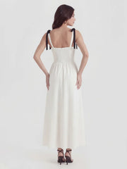 V-Neck Fitted Waist Maxi Dress with Bow Straps