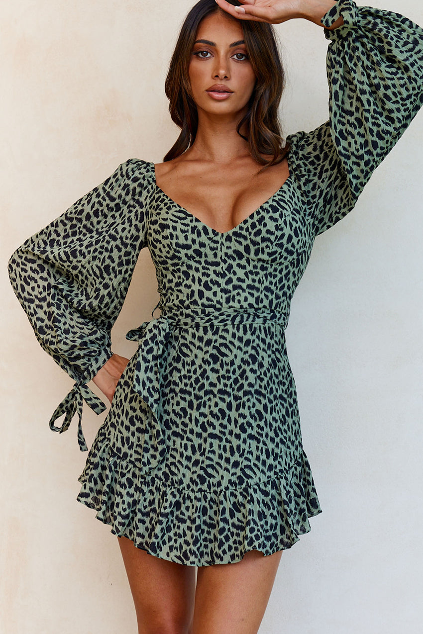 Make Memories Balloon Sleeve Molded Bust Dress Animal Print Olive