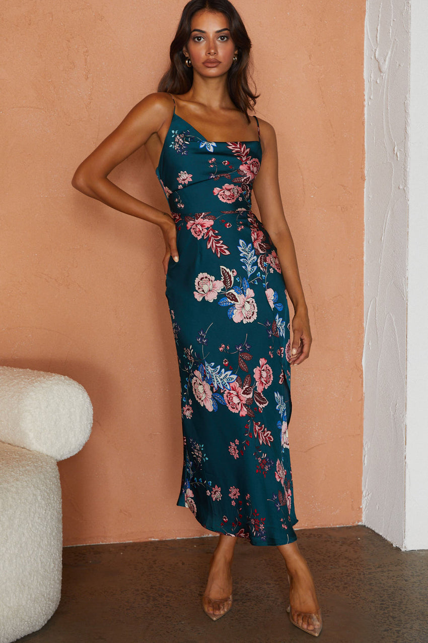 Suki Front Split Midi Dress Oriental Floral Print Forest Green