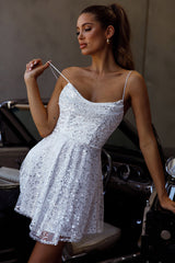 Marbella Sequin Embellished Scoop Neck Mini Dress White