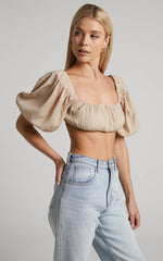 Dhalia Top - Ruched Puff Sleeve Crop Top in Sand