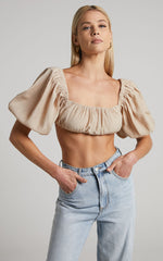 Dhalia Top - Ruched Puff Sleeve Crop Top in Sand