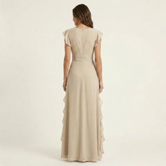 Women's Ruffle Wrap Maxi Dress | Elegant Silky V-Neck Layered-Sleeve Gown