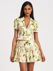 Zanelle Green Floral Print Drop Waist Linen Full Skirt
