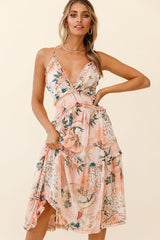Laney Low Back Cami Strap Midi Dress Botanical Print Orange