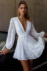 Estelle Long Sleeve V-Neckline Dress Embroidered White
