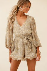 Hilda Long Sleeve Waist Tie Romper Leopard Print Mustard