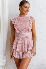 Nellie Lace Bust High Neck Romper Floral Blush