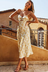 Melancholy Resin Buckle Midi Dress Floral Stencil Print White/Yellow