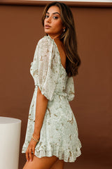 Kirra Puff Sleeve Ruched Bodice Dress Botanic Print Sage