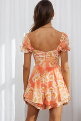 Sweet Romance Puff Sleeve Romper Watercolor Print Rust