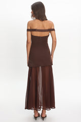 Opulent Off-Shoulder Sheer Hem Maxi Dress Chocolate