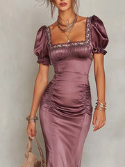 Vintage Square Lace Neck Ruched Fishtail Midi Dress