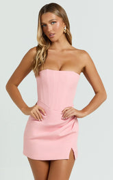 Avery Mini Dress - Strapless Corset Bodice Draped Dress in Pink