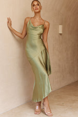Morning Sun Cowl Neckline Asymmetrical Hem Midi Dress Olive