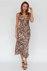 Turin V-Neckline Print Midi Dress Chocolate
