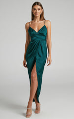 Azrael Midi Dress - V Neck Satin Tulip Dress in Emerald
