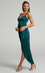 Azrael Midi Dress - V Neck Satin Tulip Dress in Emerald
