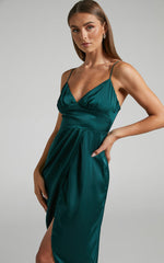 Azrael Midi Dress - V Neck Satin Tulip Dress in Emerald