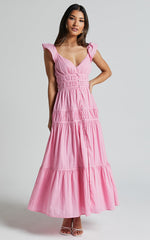 Addi Midi Dress - Button Front Plunge Neck Short Flutter Sleeve Tiered in Pink