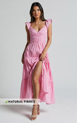 Addi Midi Dress - Button Front Plunge Neck Short Flutter Sleeve Tiered in Pink