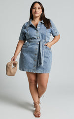 Aelicia Mini Dress - Button Through Denim Dress in Mid Blue Wash