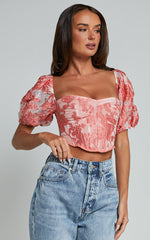 Aislin Top - Puff Sleeve Sweetheart Jacquard Corset in Apricot