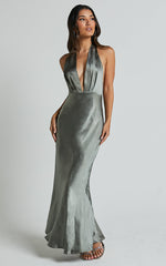 Aiyana Midi Dress - Halter Neck Satin Dress in Olive