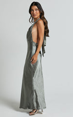 Aiyana Midi Dress - Halter Neck Satin Dress in Olive