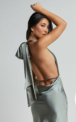 Aiyana Midi Dress - Halter Neck Satin Dress in Olive