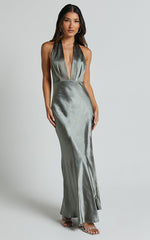 Aiyana Midi Dress - Halter Neck Satin Dress in Olive