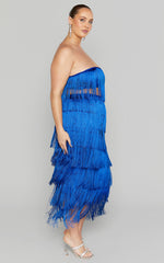 Amalee Two Piece Set - Fringe Strapless Crop Top and Midi Skirt Set in Cobalt Blue