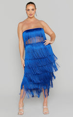 Amalee Two Piece Set - Fringe Strapless Crop Top and Midi Skirt Set in Cobalt Blue