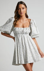 Amalie The Label - Hamyya Linen Tie Back Puff Sleeve Mini Linen Dress in Dolce Fleur