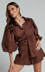 Amalie The Label - Janae Linen Blend Collared Puff Sleeve Button Up Shirt in Chocolate