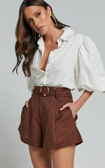 Amalie The Label - Noemie Linen Blend High Waisted Belted Tailored Shorts in Chocolate