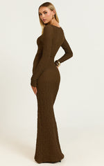 Amy Midi Dress - Scoop Long Sleeve Bodycon Dress in Chocolate